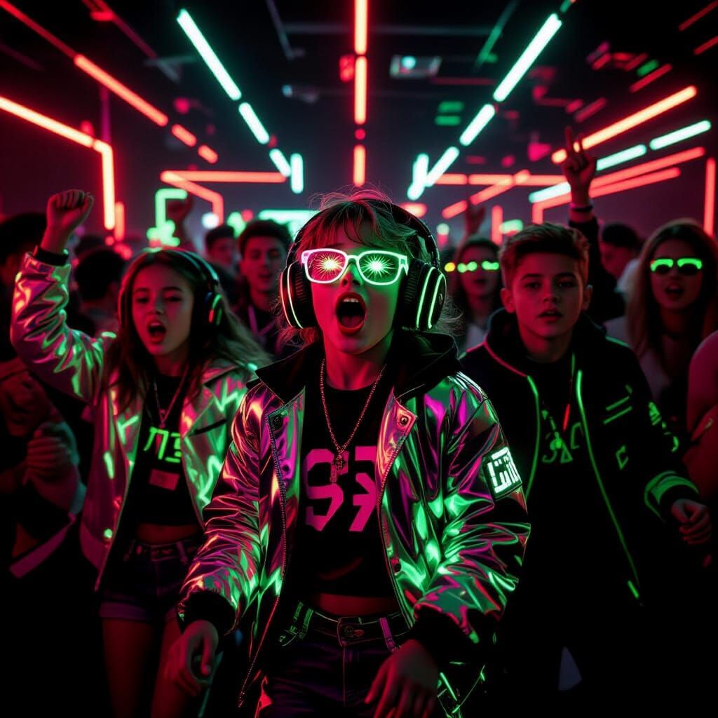 Neon-Lit Rave with Dancing Children in Futuristic Style