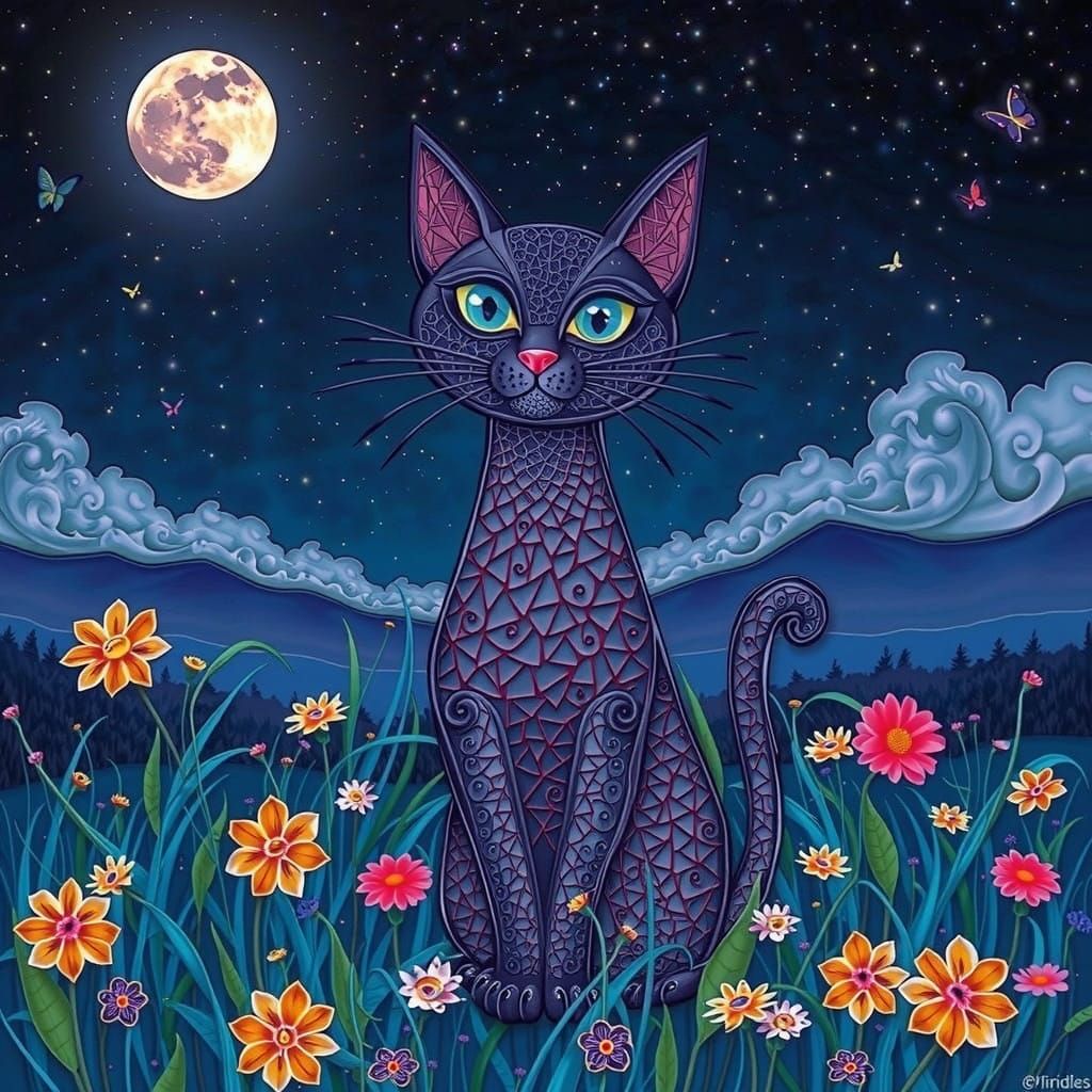 Surreal Whimsical Collage of Purple Cat in Moonlit Field