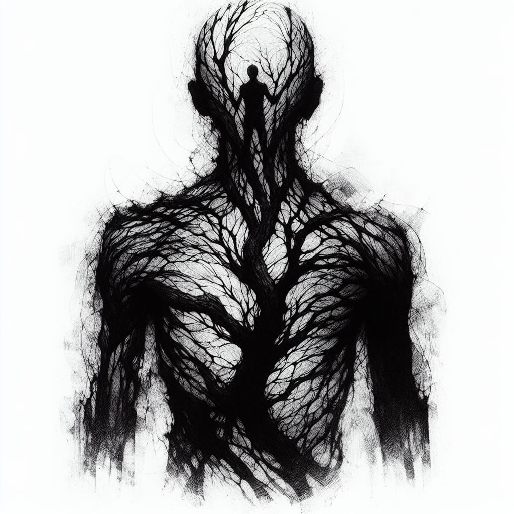 Surrealist Tree Branch Figure in Dark Ink Wash Style