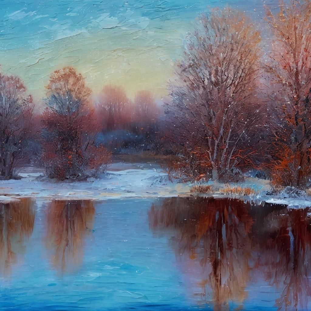 Expressionist Landscape Drawing: Pond at Snowy Dawn