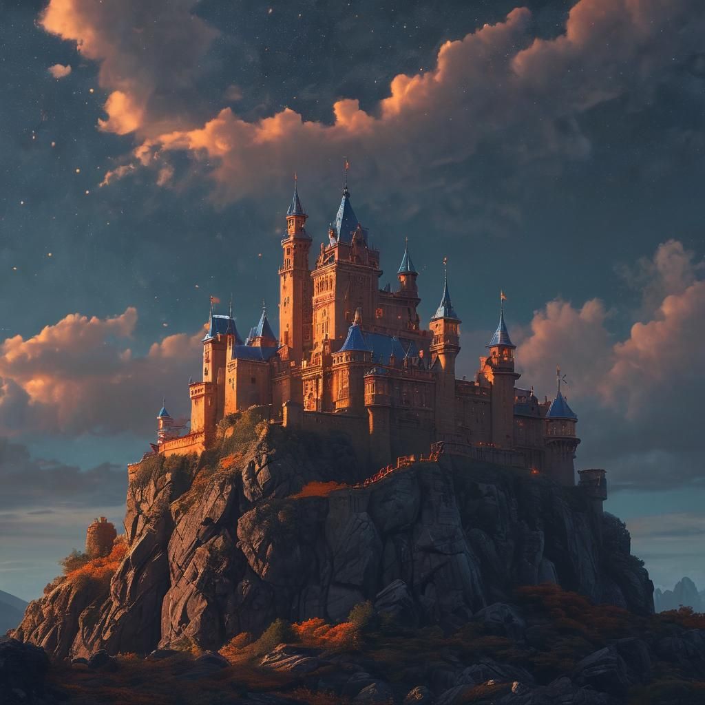 Golden Spanish Castle with Jewels in Mystical Landscape