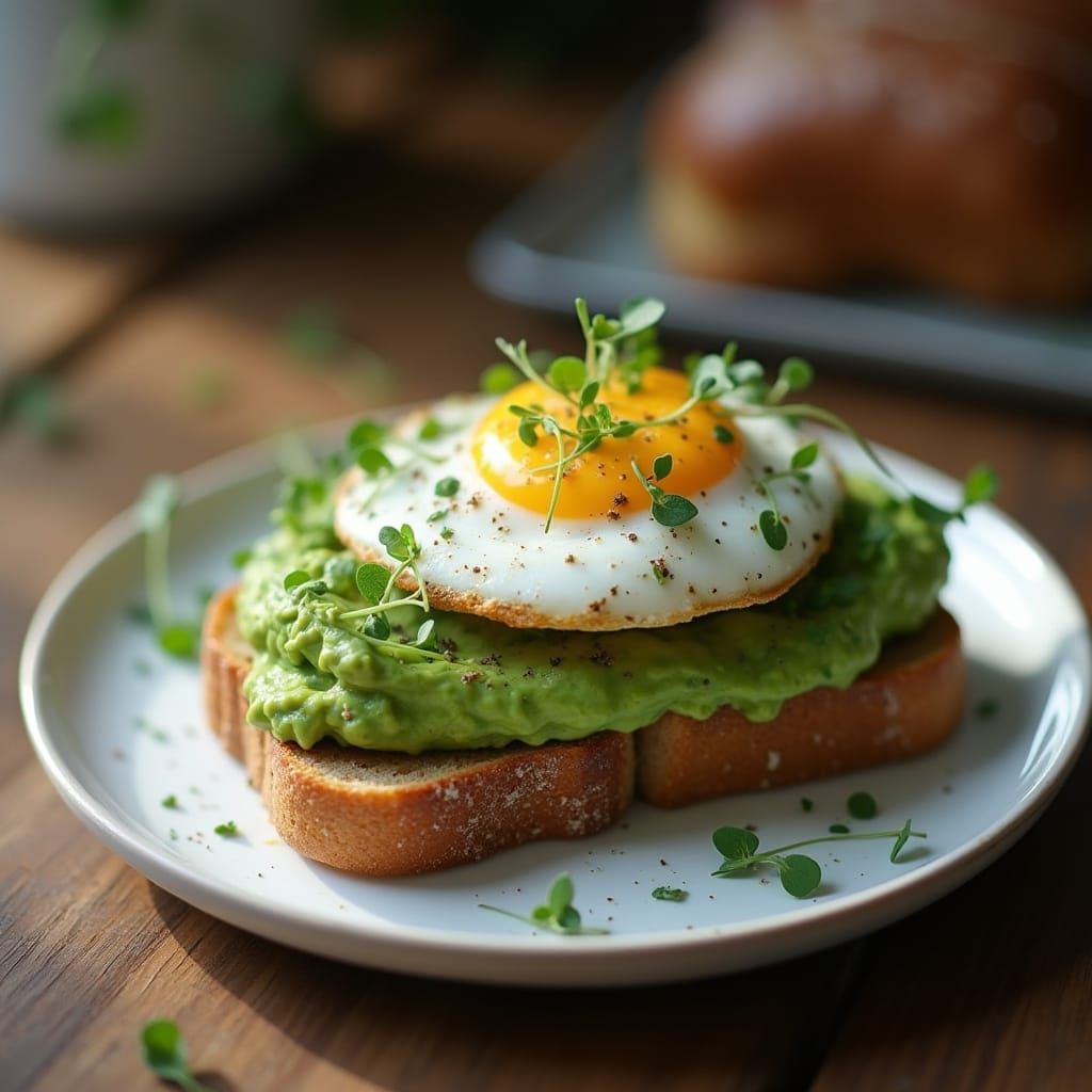 Gourmet Avocado Toast with Poached Egg, Natural Light
