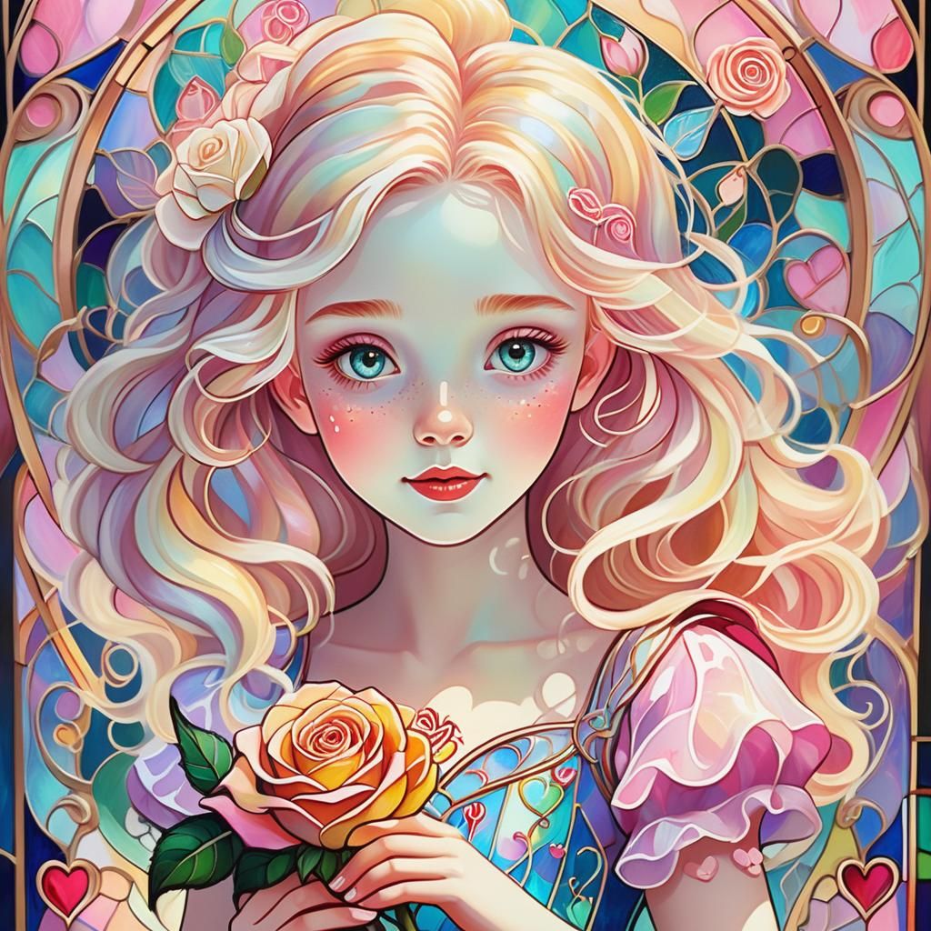 Glowing Girl with Rose Stained Glass Illustration