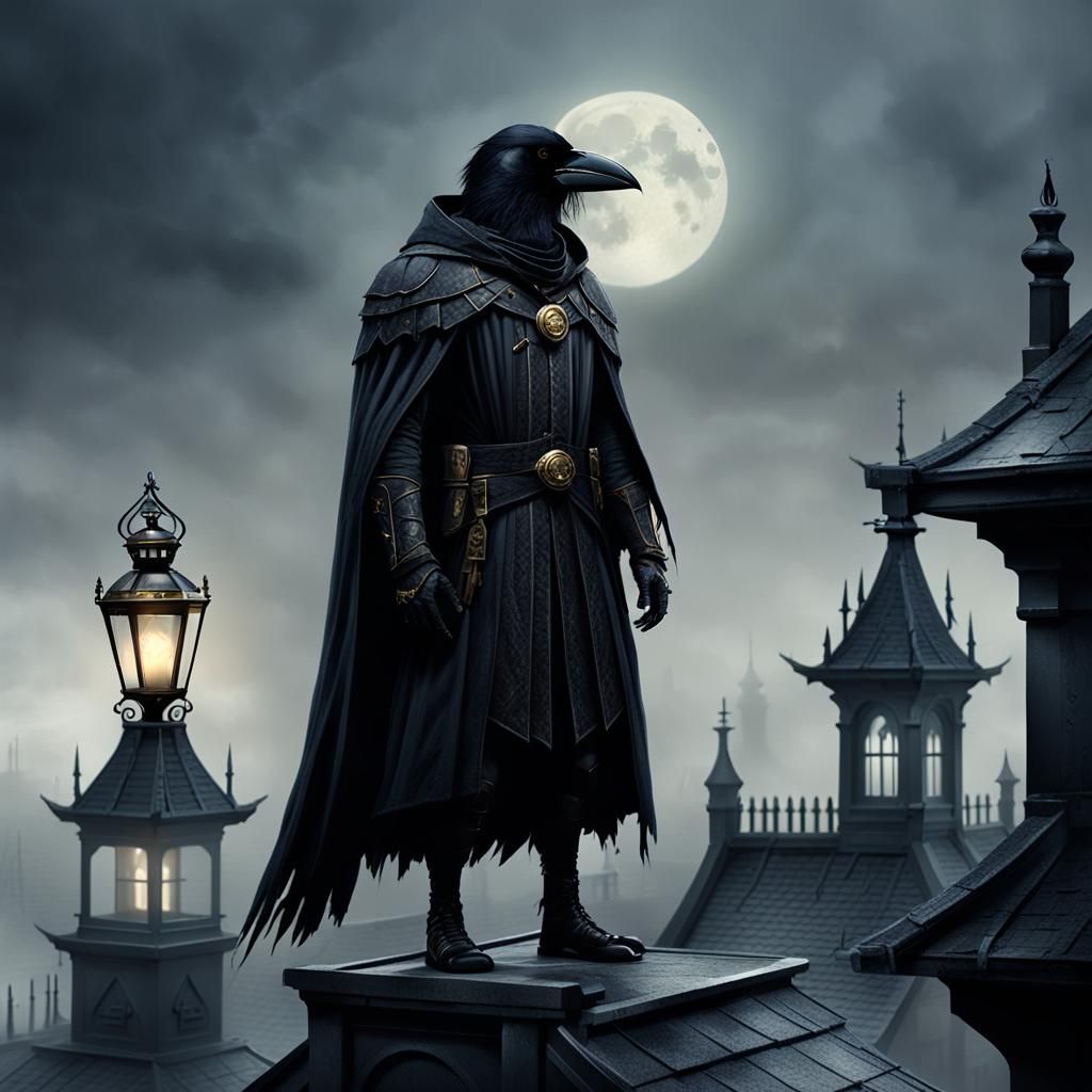 Crow-Humanoid Inquisitor on Gothic Rooftop in Dark Fantasy A...