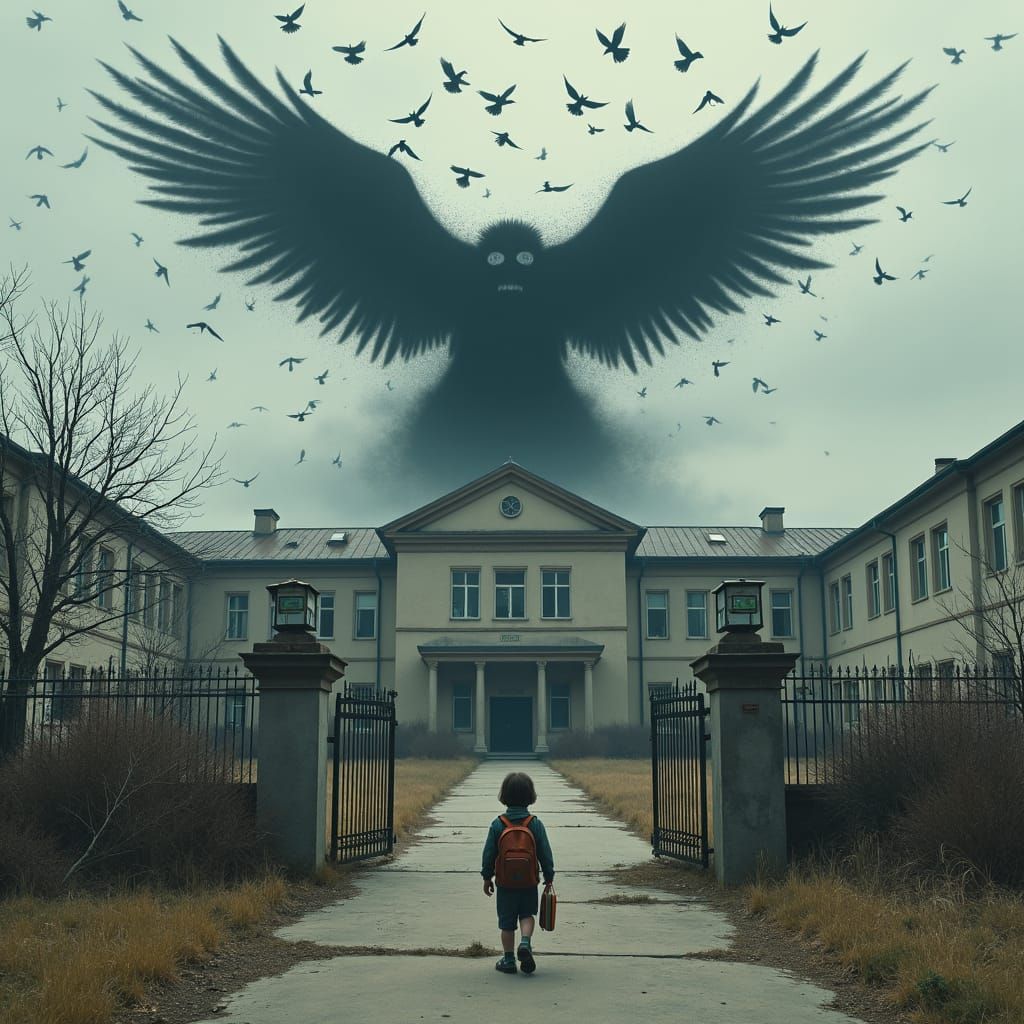 Ominous Ravens Form Skull Above Abandoned School