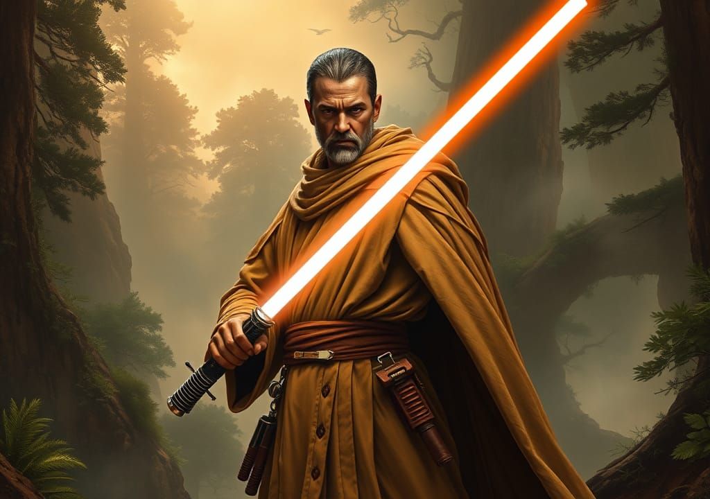 Heroic Jedi Knight in Misty Forest, Retro Sci-Fi