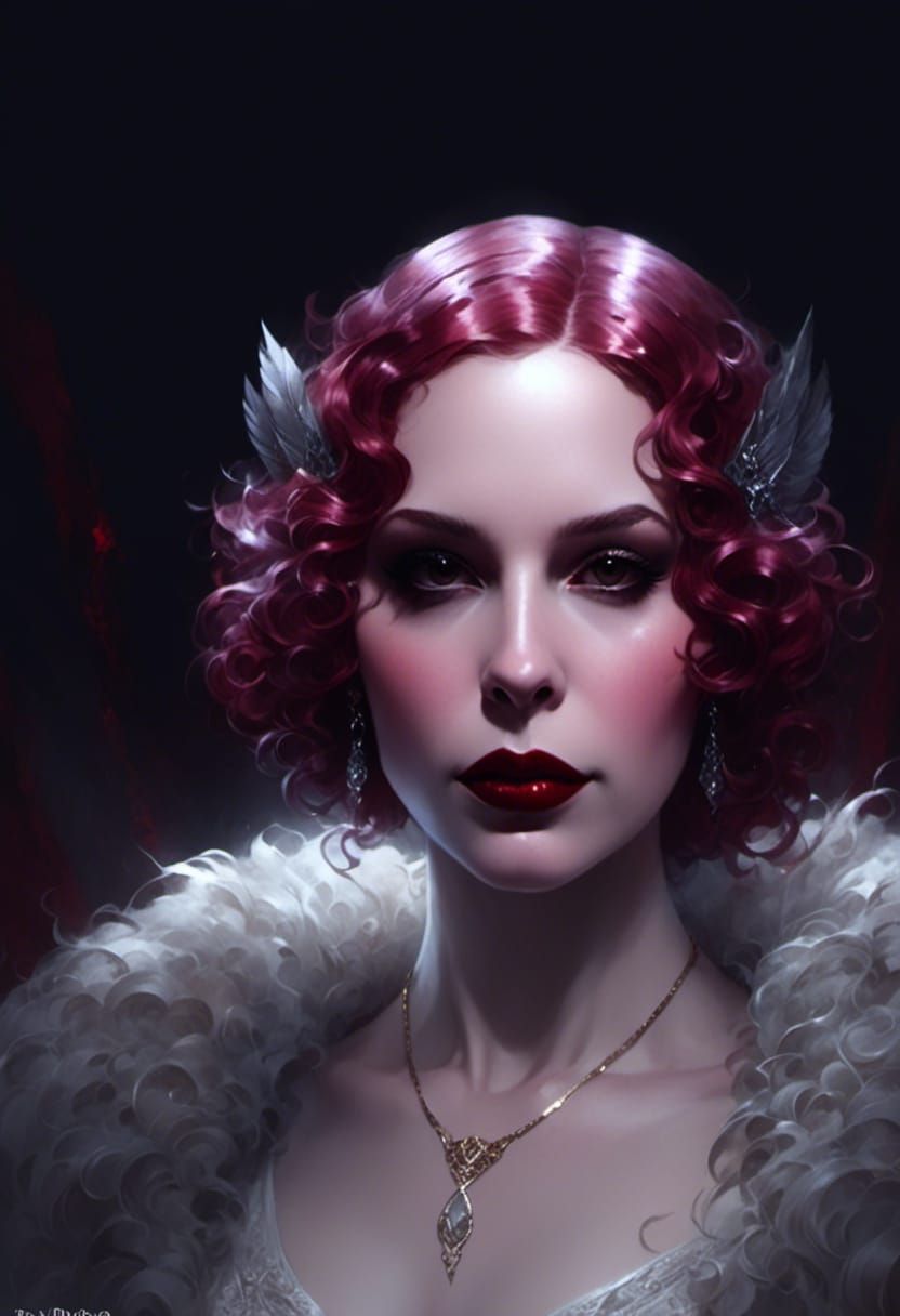 Hyperrealistic Flapper Vampiress Portrait with Red Hair
