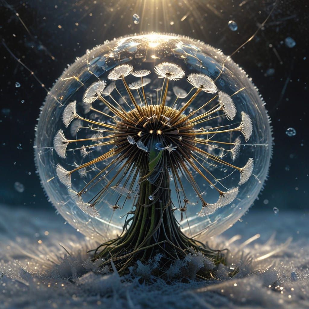 Ethereal Crystalline Dandelion Seeds in Frozen Dreamscapes