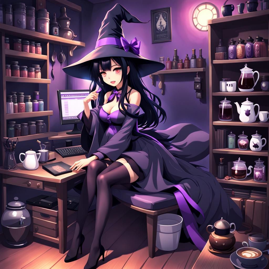 Anime Witch with Potions and Coffee, 3D Render