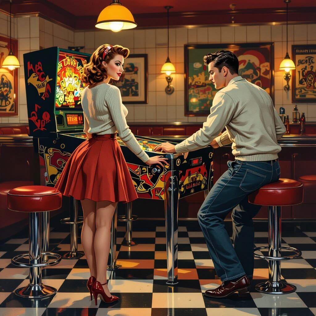 Envision a retro bar scene, complete with tiled floors, chrome accents, and a vinyl counter. A rockabilly pin-up girl lo...