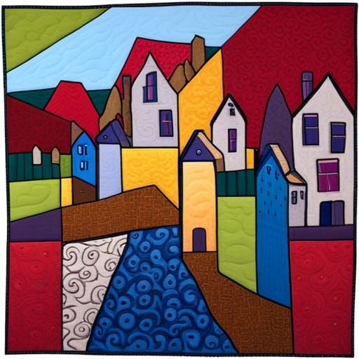 Colorful Abstract Cotswold Village Patchwork Quilt
