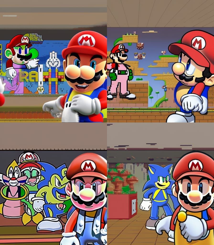 Mario Points Back at Sonic and Majin Buu: 8-bit Scene