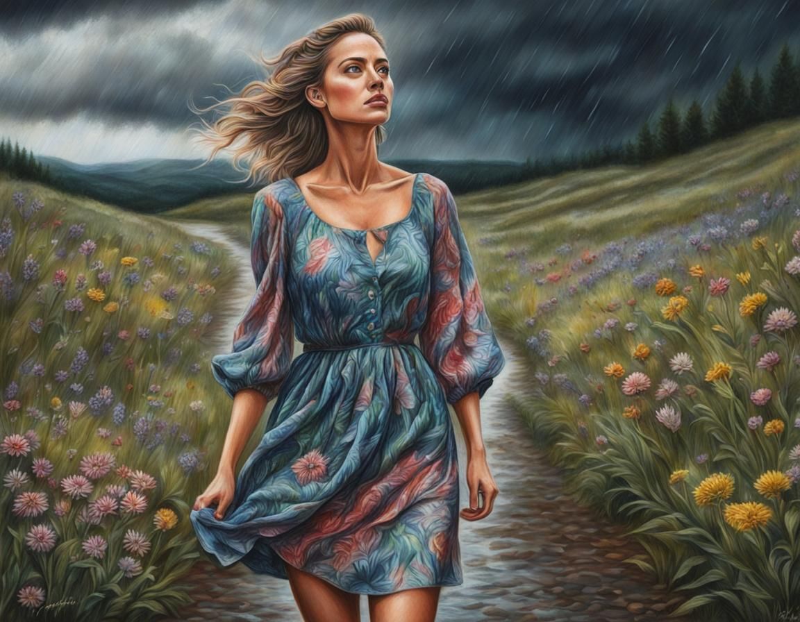 stunning color pencil sketch, portrait, A beautiful young woman walks on the wild side on a rainy day