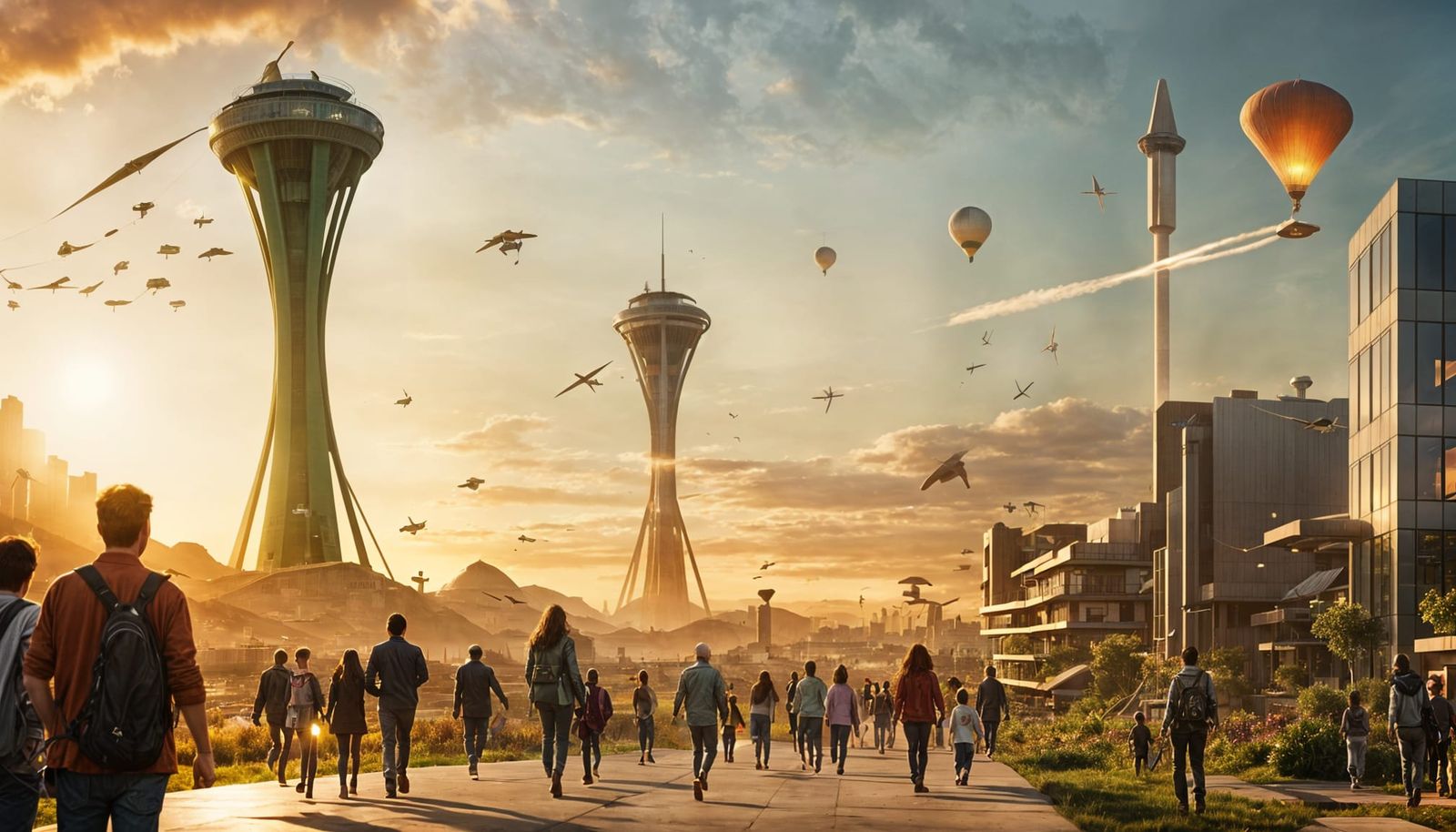 A Futuristic Solarpunk City Thrives at Sunset