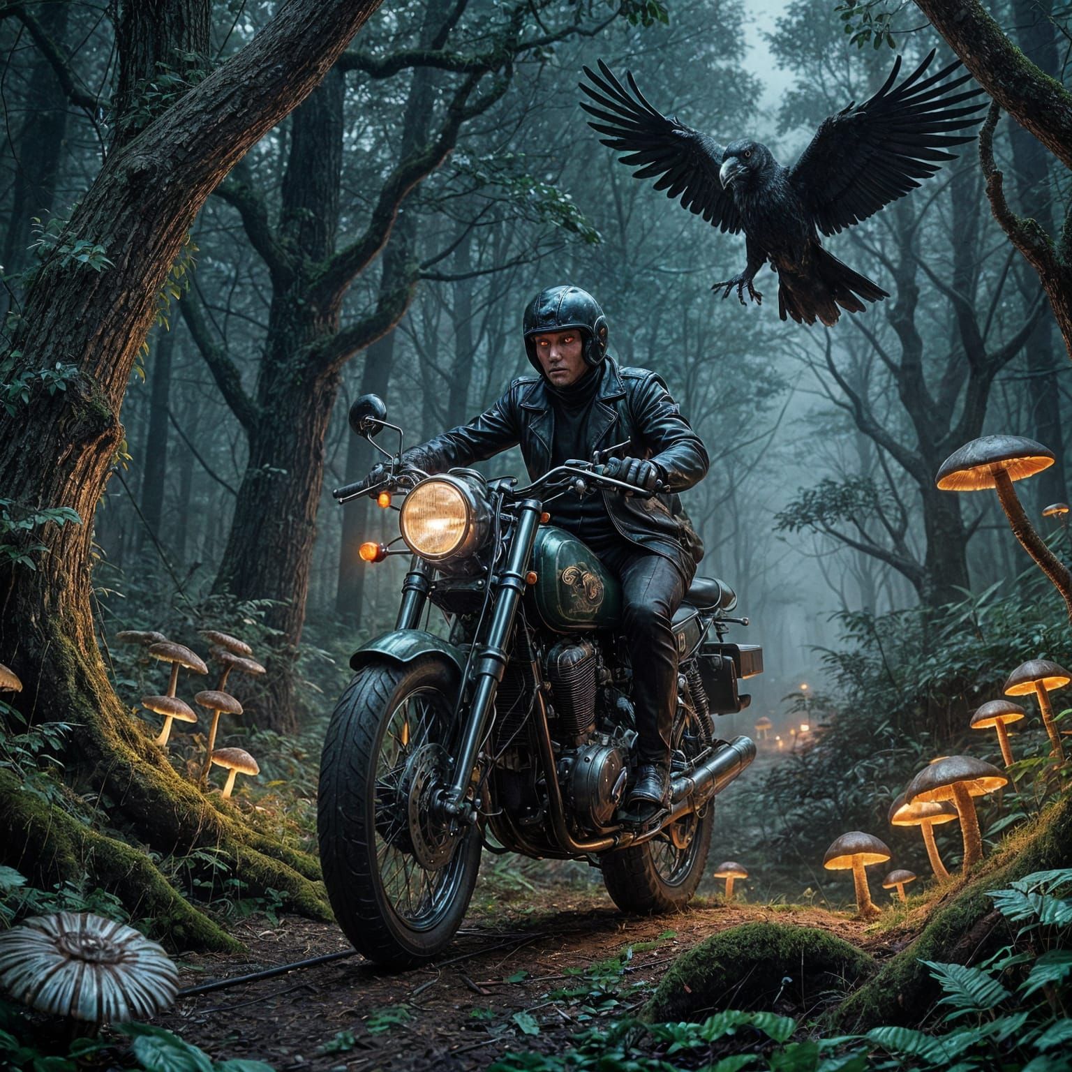 Vintage Motorcycle in Enchanted Forest Cinematic Film Still