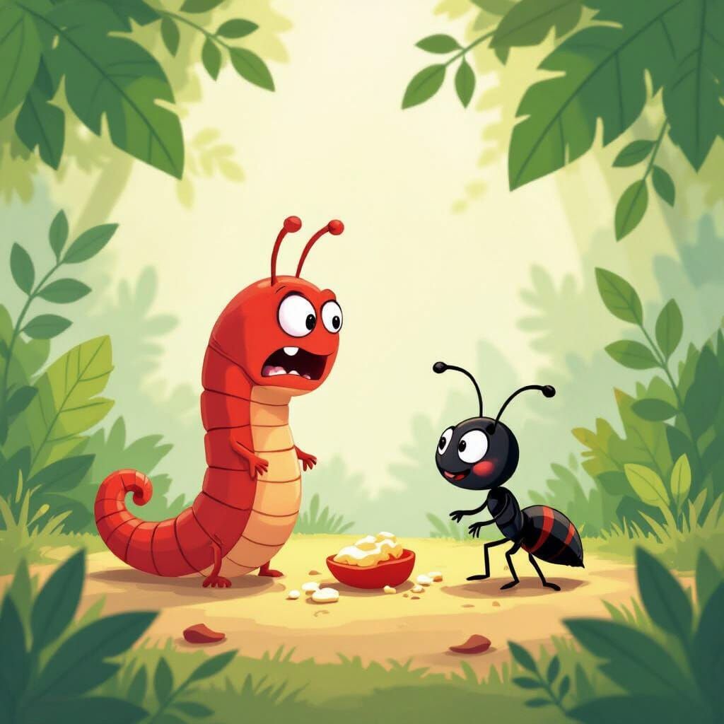 Worm Accuses Ant of Food Theft in Storybook Style