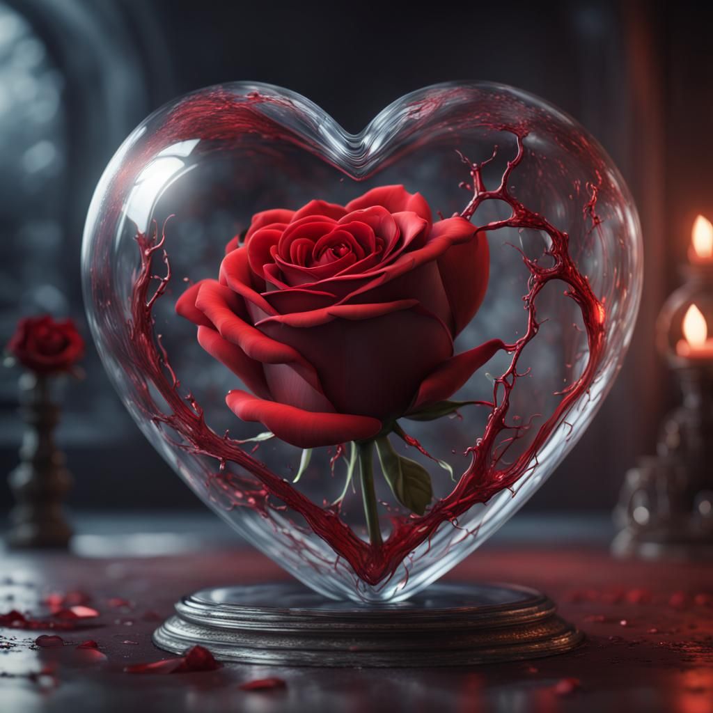 Glass Heart with Red Rose: Detailed Matte Painting
