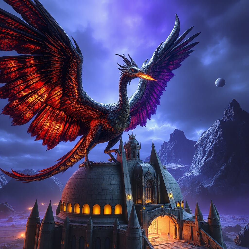 Iridescent Cyberpunk Bird on Alien Planet