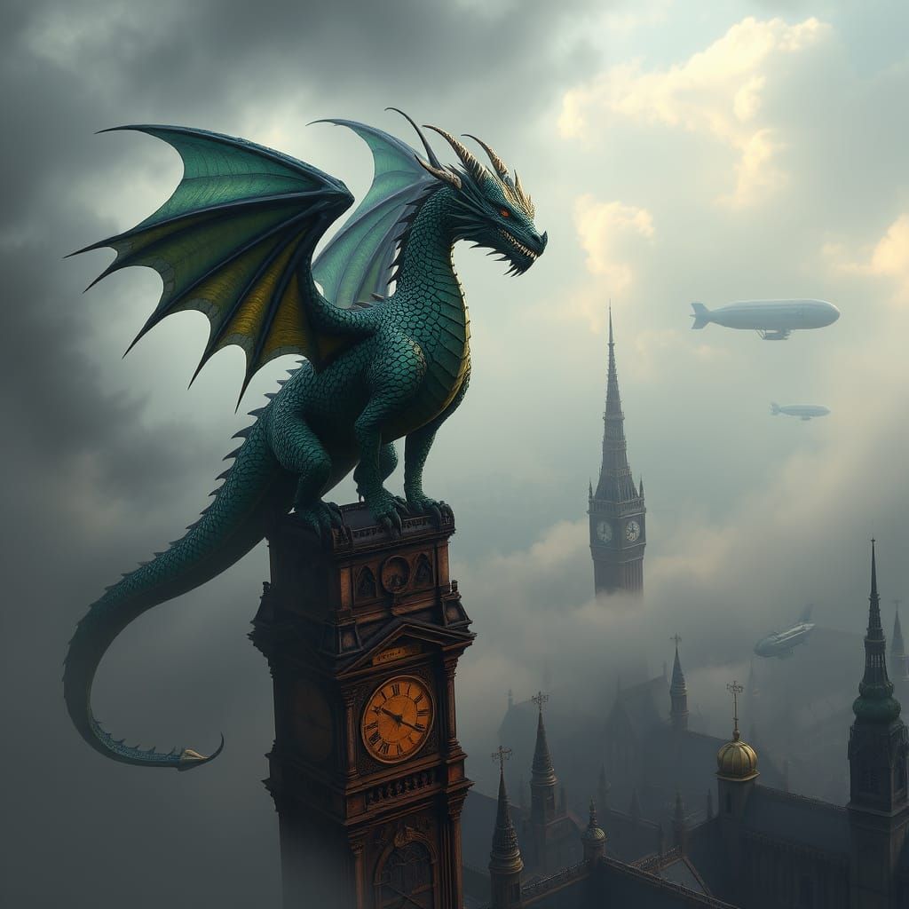 Clockwork Dragon on Gothic Tower Over Victorian City