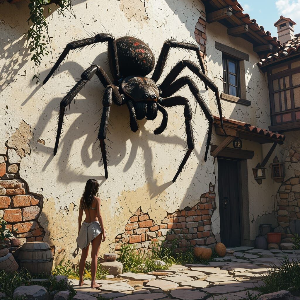 Giant Spider on Rustic House Wall with Fearful Woman
