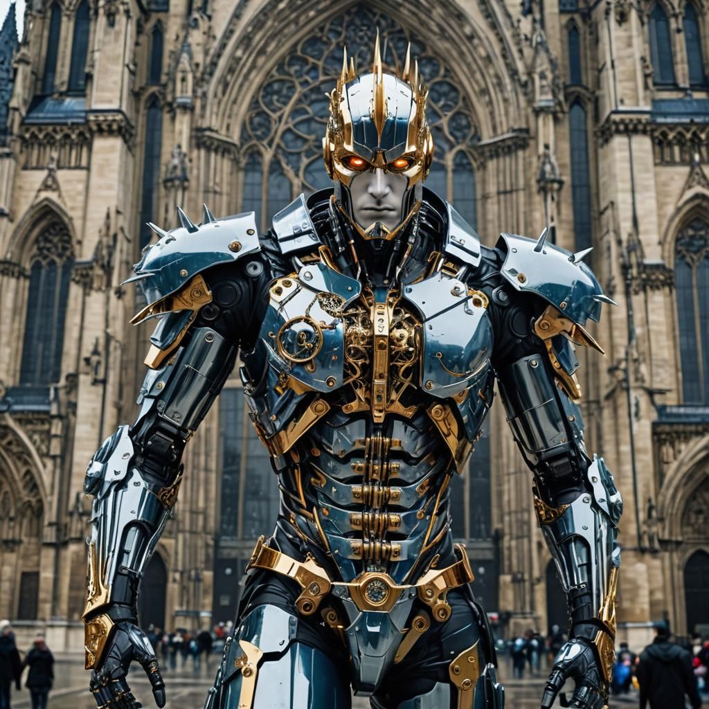 Cyborg Warrior Prepares for Battle in Cyberpunk Paris