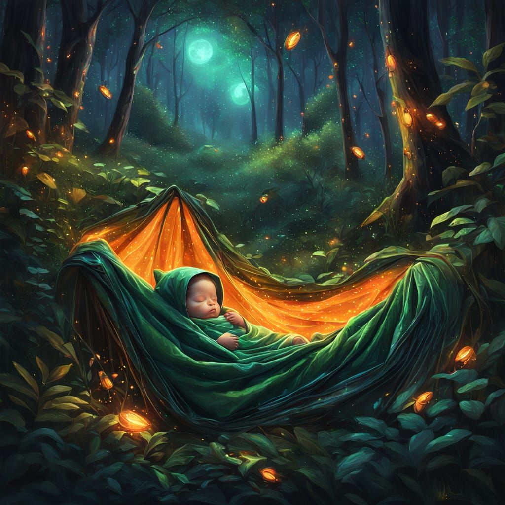 Newborn Baby in Forest at Night: Neon Oil Painting