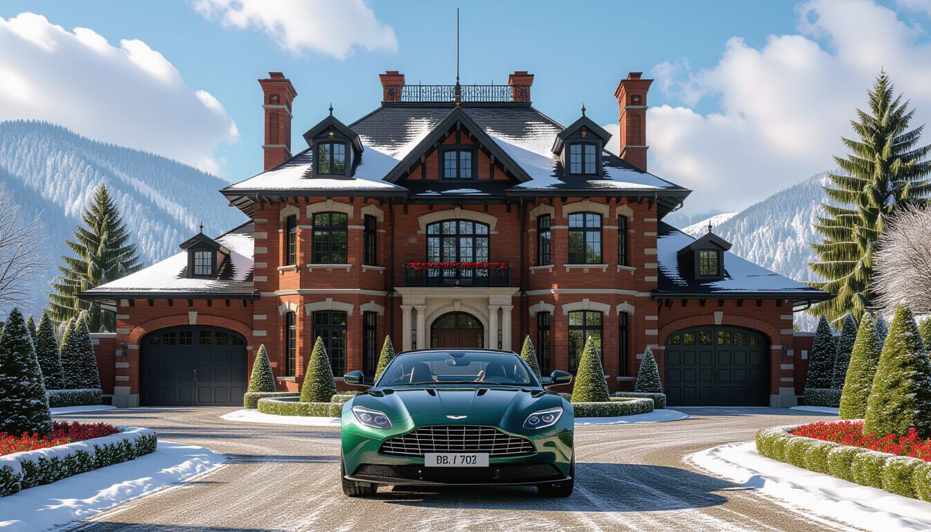 Victorian Chateau With Aston Martin in Snowy Garden