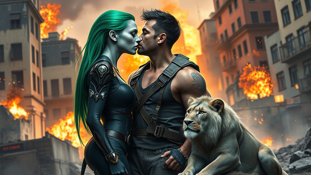 Alien Woman and Soldier Kiss Amidst Battle