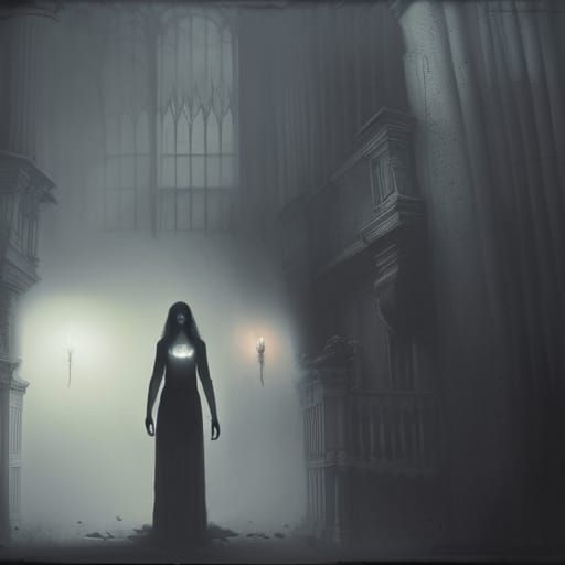 Vampire Woman in Foggy Nightmare Scene in Realistic Art