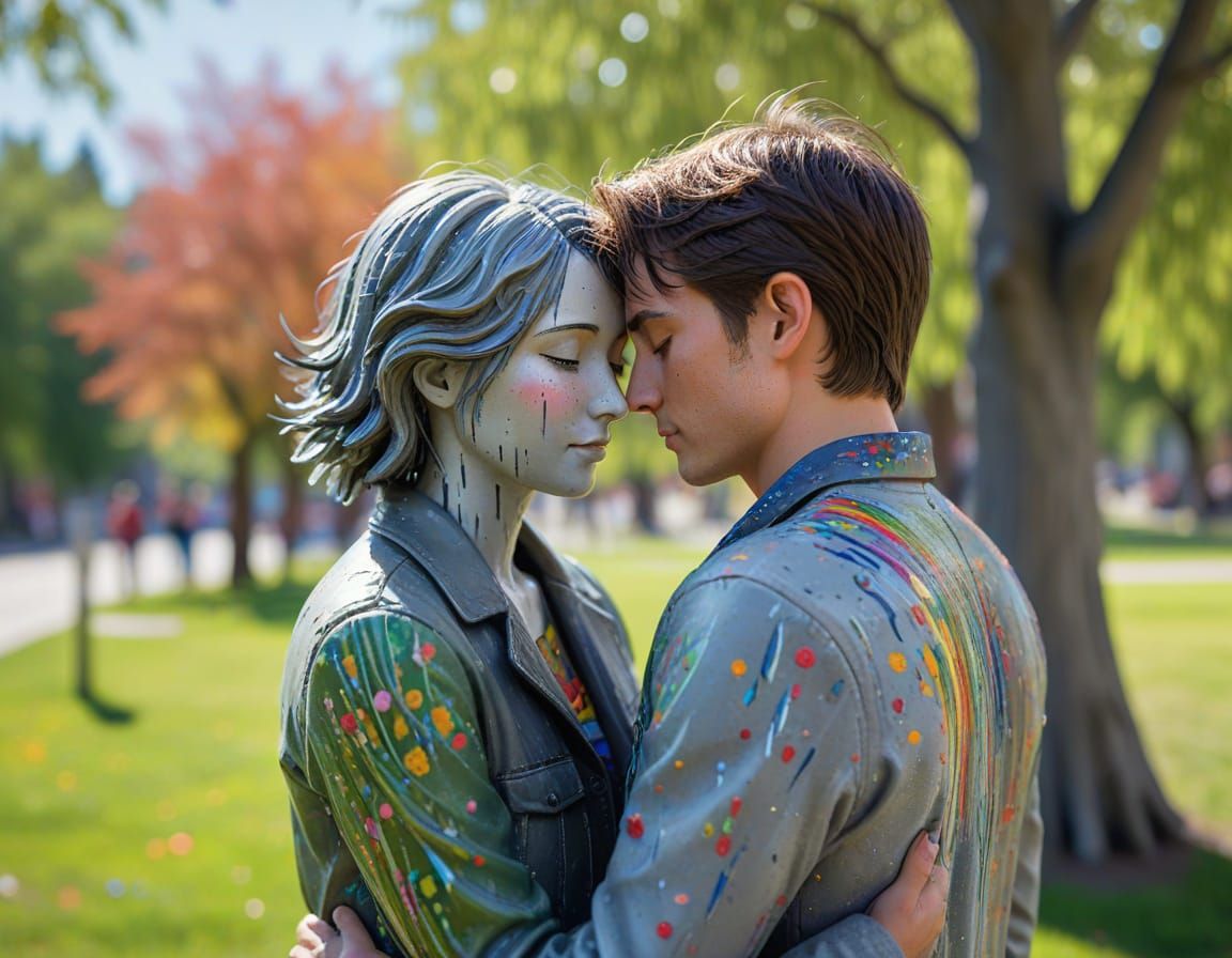 Emotional Transformation: Colorful Hug Heals Sadness in Park