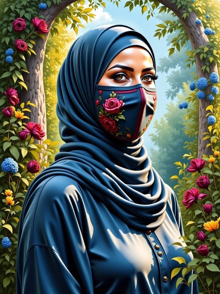 Beautiful Hijabi Woman in Mystic Garden Painting