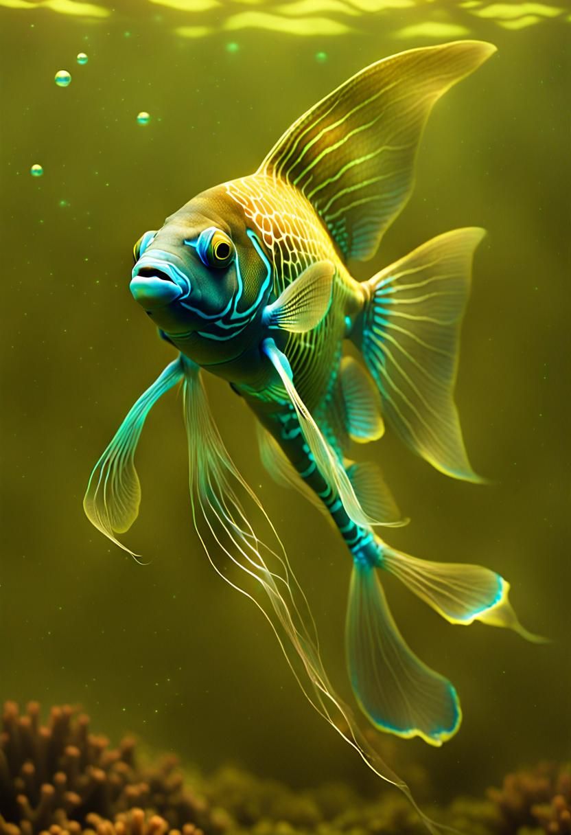 A beautiful fish with a transparent body and bioluminescent ...
