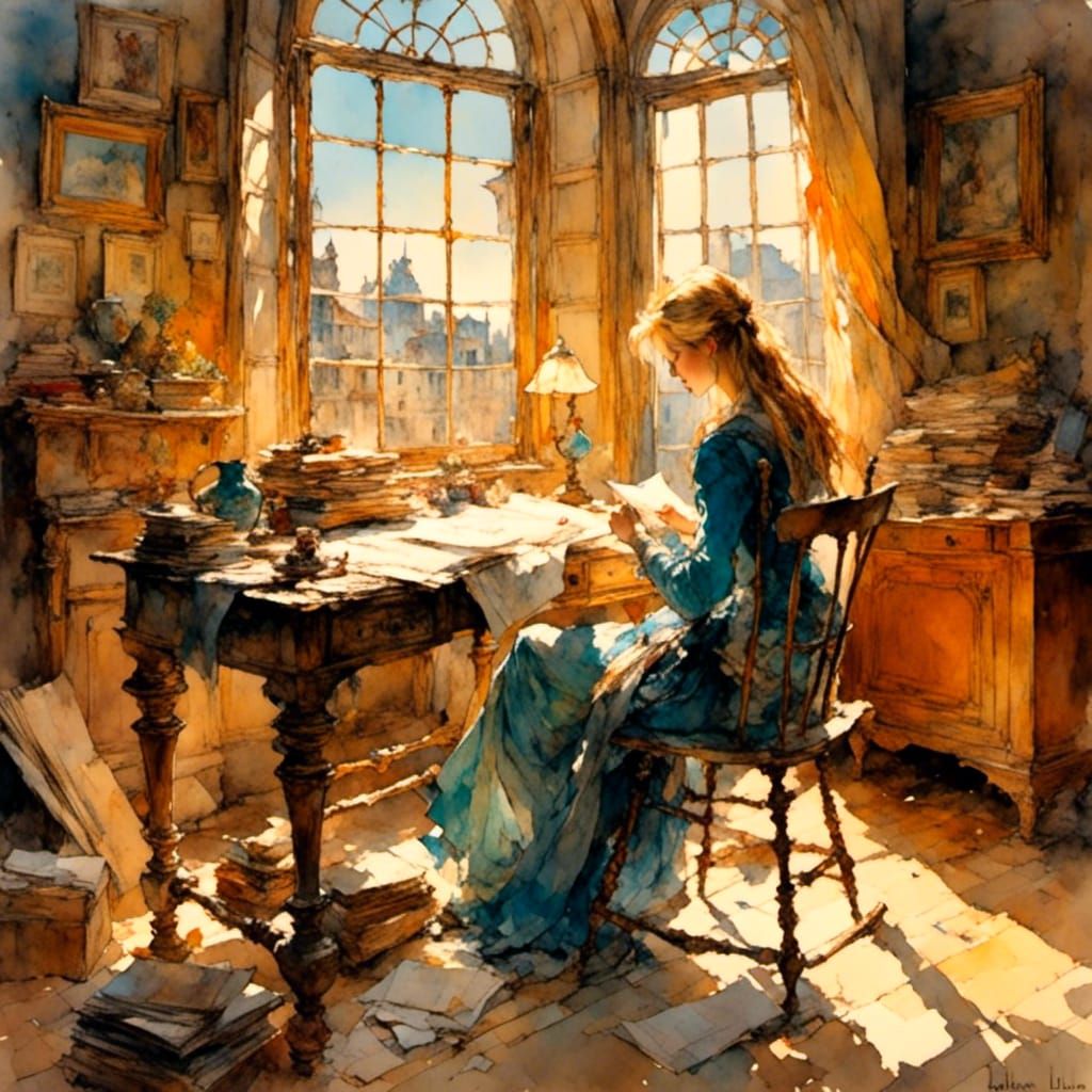 Woman at Writing Desk in Oil Painting Style