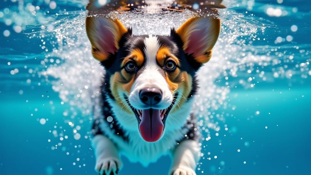Corgi Splashing Underwater in Sunlit Pool