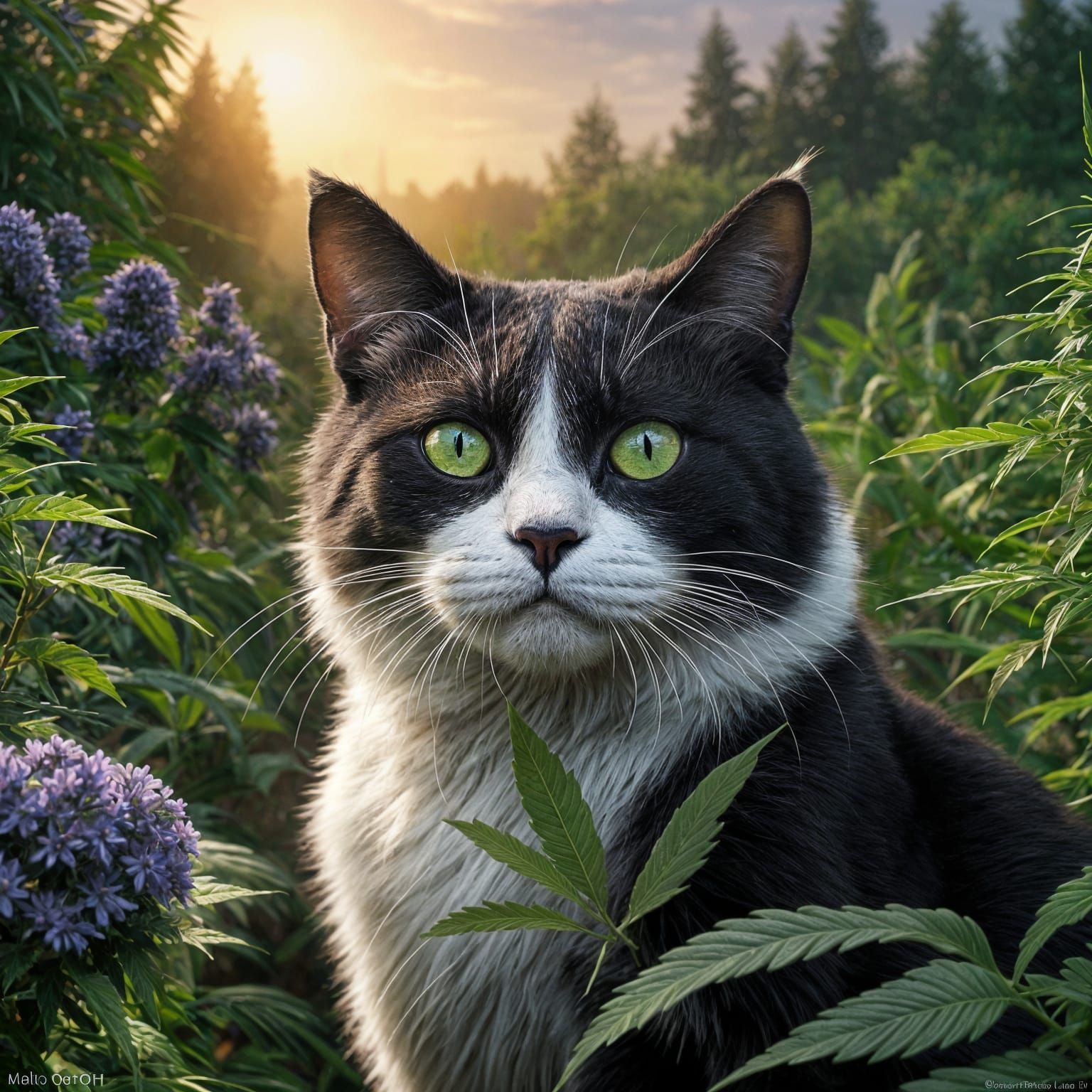 Cat Smoking in Marijuana Field: Hyperrealistic Art