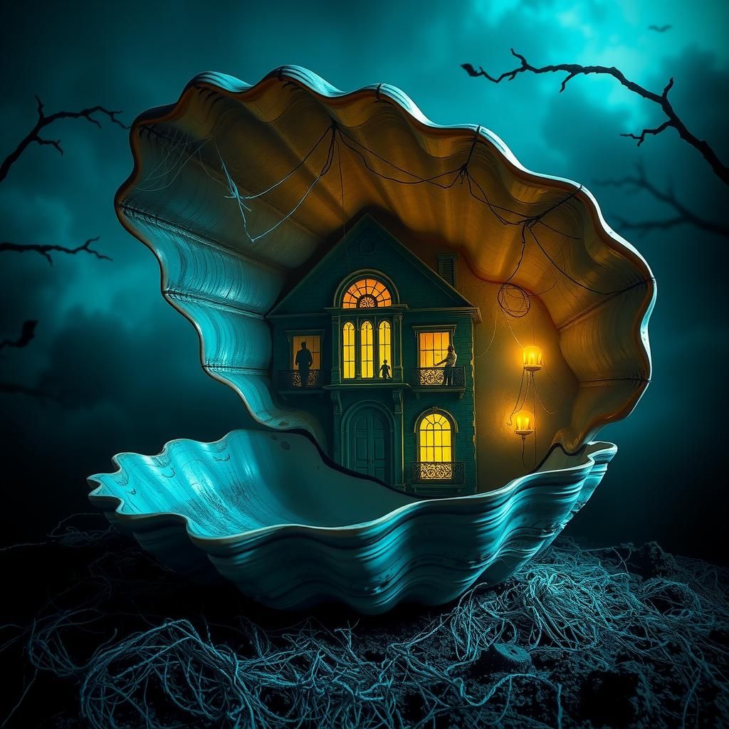 Eerie Mansion Inside Seashell, Spooky AI Art