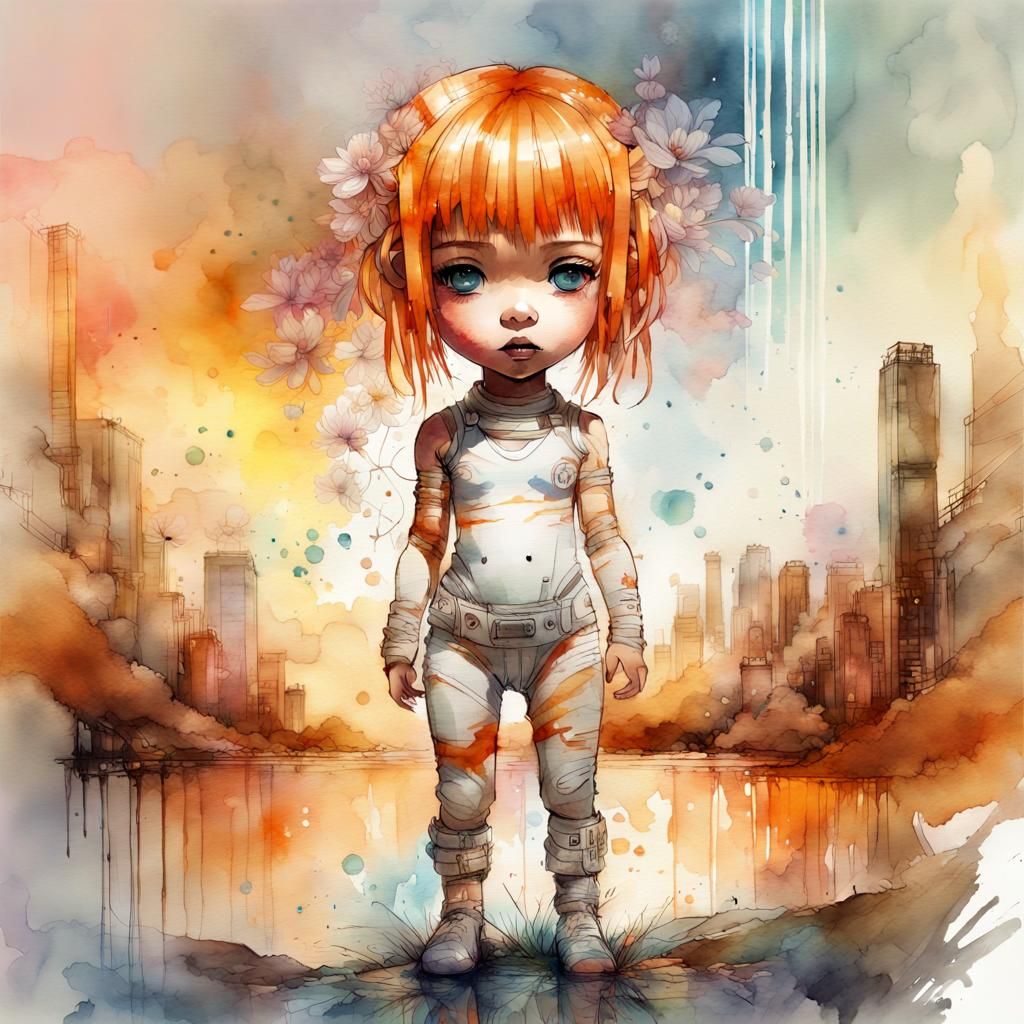 Chibi Leeloo Dallas in Digital Watercolor Style