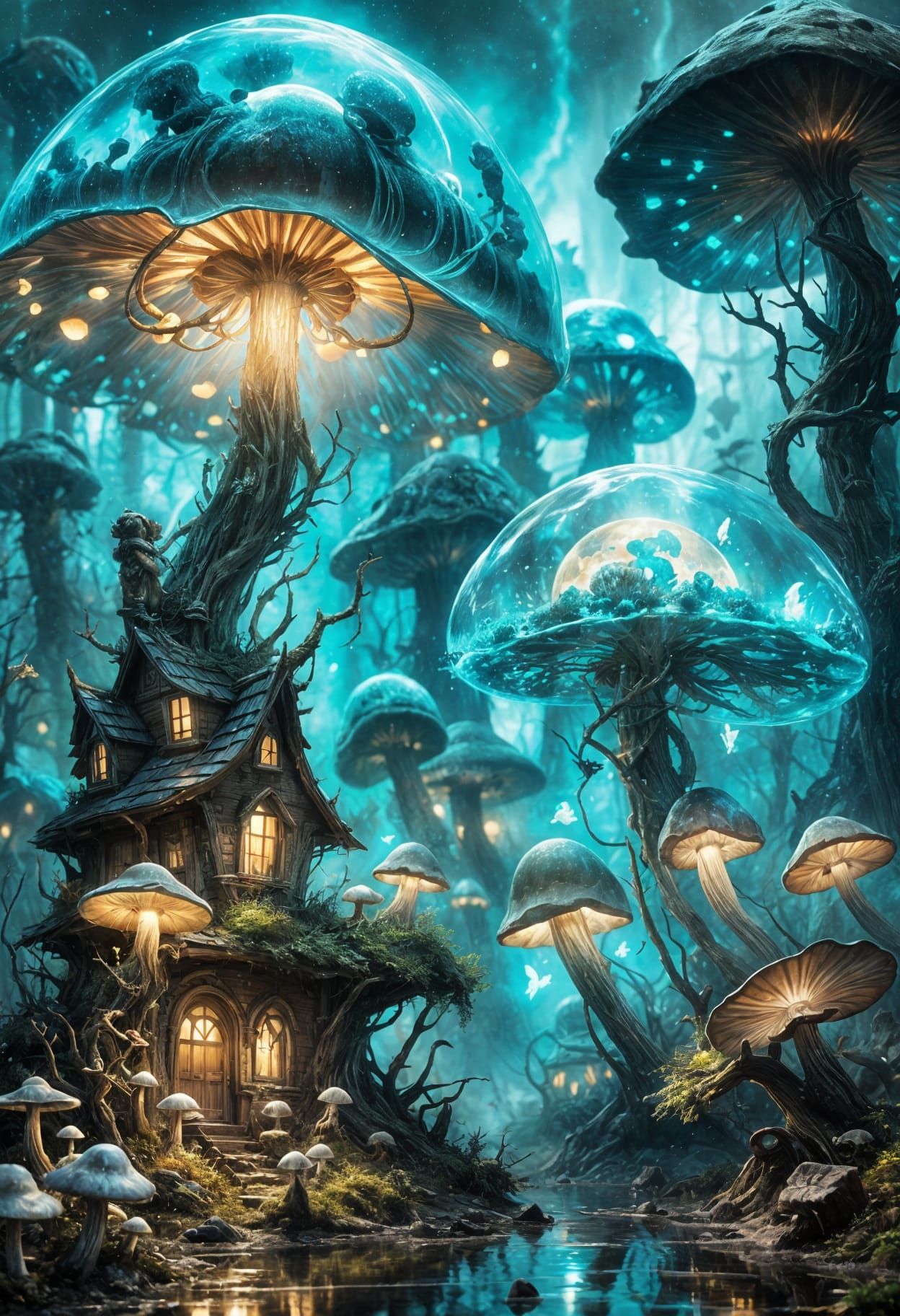 Bioluminescent Mushroom Fairy Houses in Mystic Fog