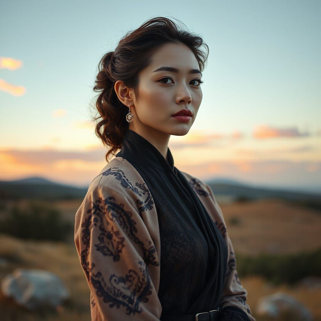 Dreamy Woman in Tranquil Landscape