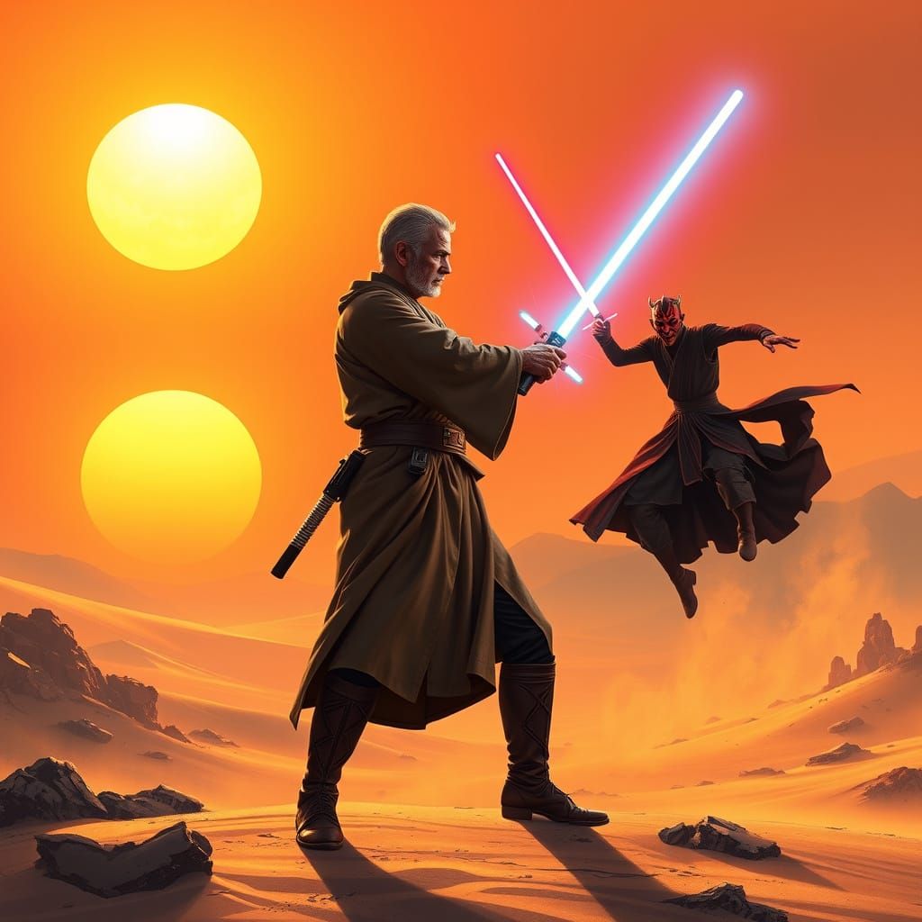 Epic Lightsaber Duel on Tatooine at Sunset