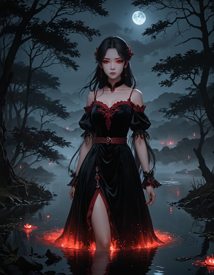Eerie Anime Figure in Red Dress by Misty Lake