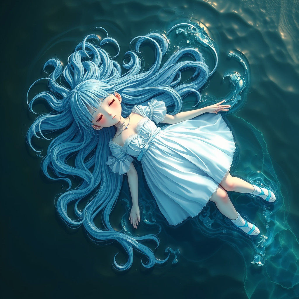 Anime Girl with Water Hair Floating on River