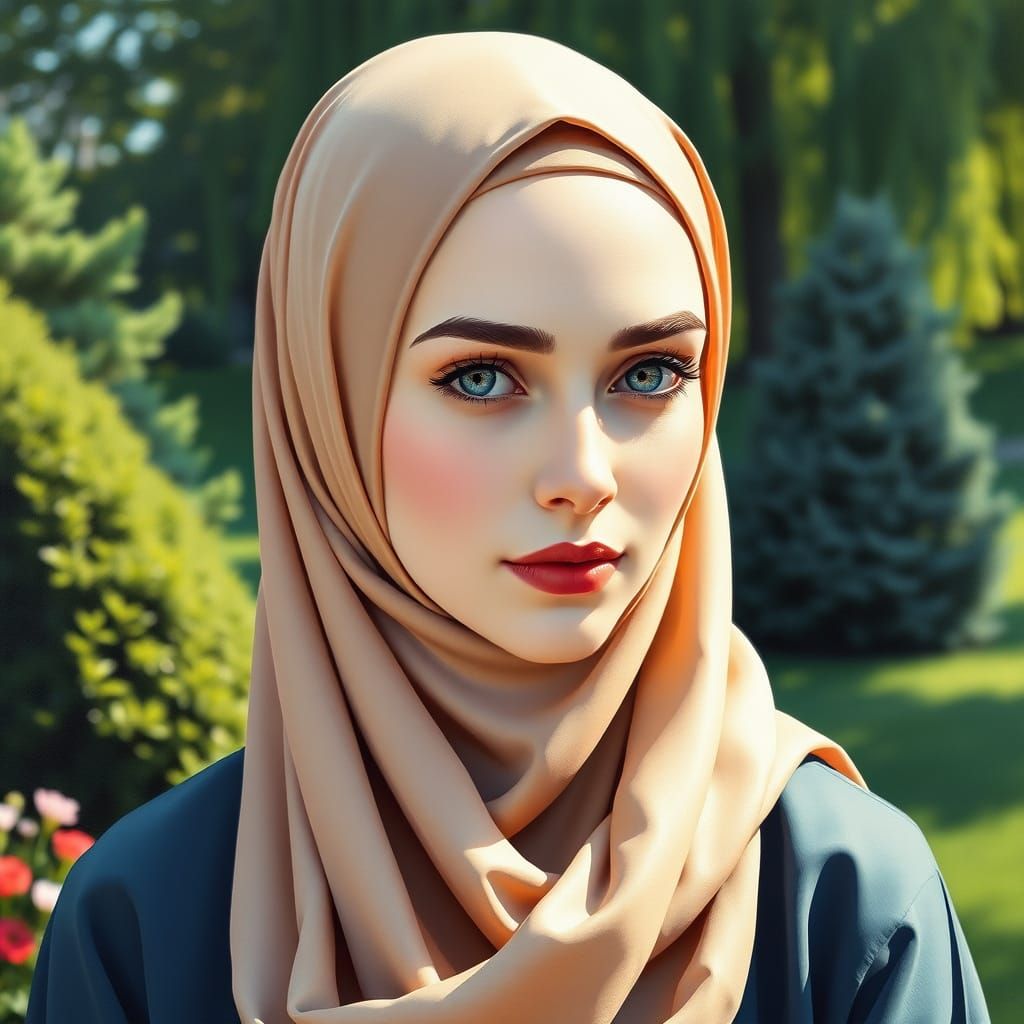 Beautiful Hijabi Woman in Garden Oil Painting