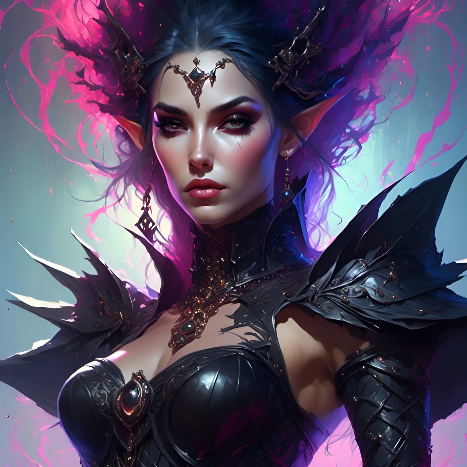 <lora:Arklines:1.0> Very Closeup head-and-shoulders portrait of Very attractive female goth dark elf with fair skin and ...