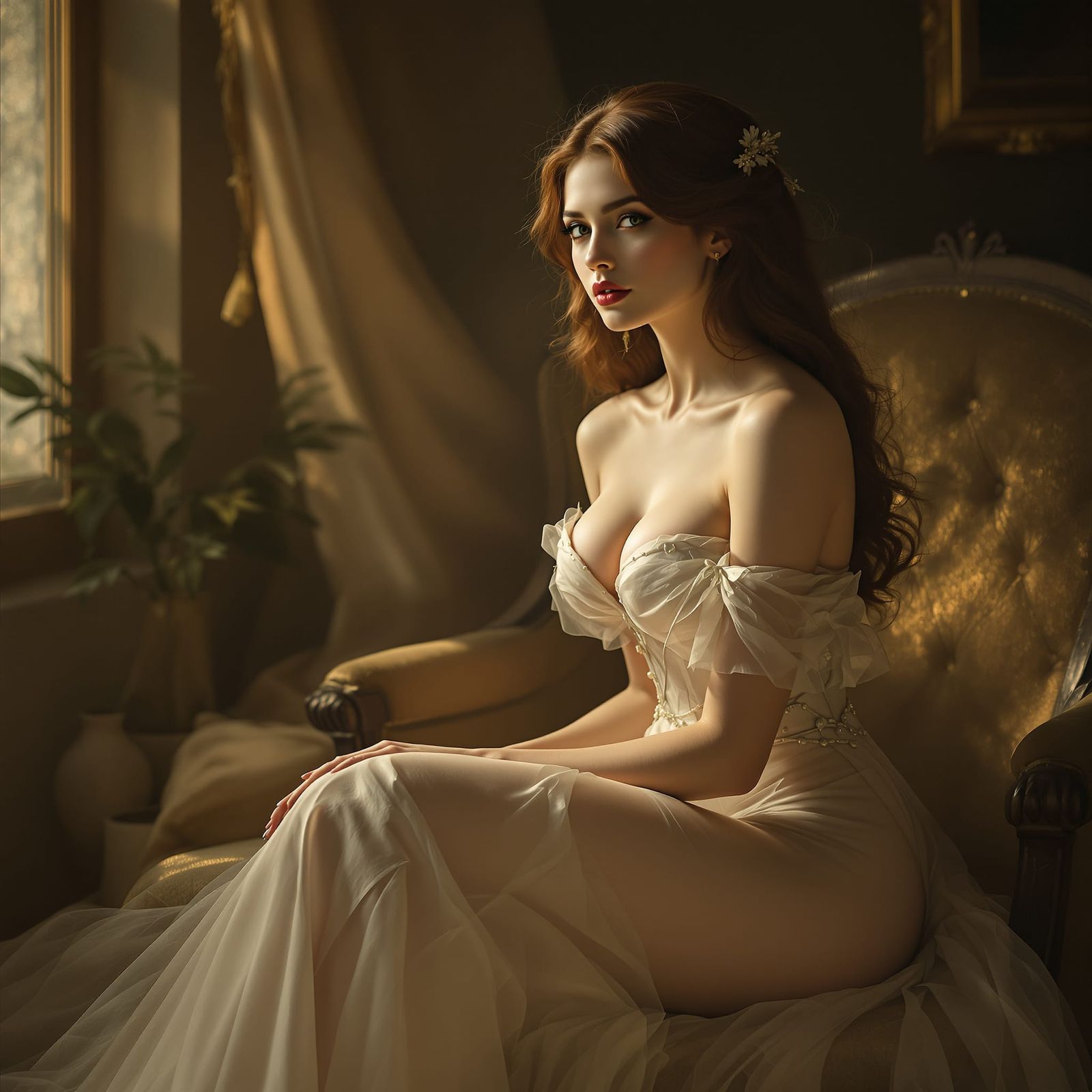 Elegant Woman in Golden Light, Art Nouveau Style Portrait