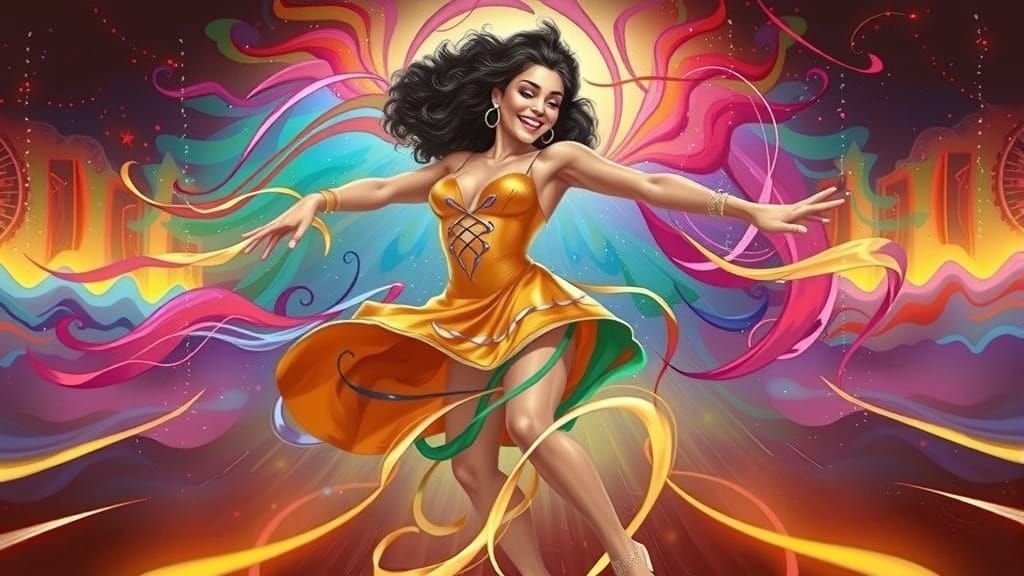 Joyful Dancer Amidst Vibrant Swirling Colors