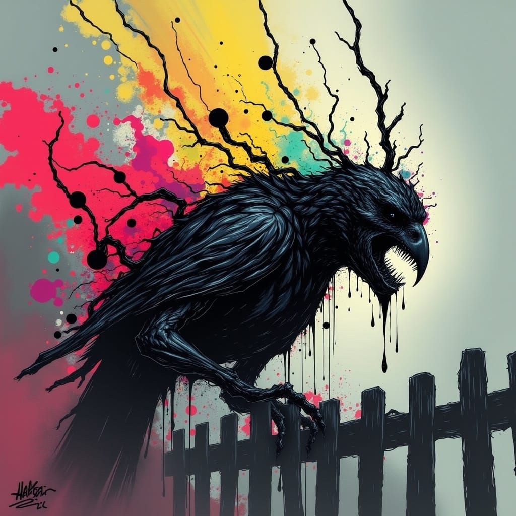 Hyperrealistic Bird on Fence in Splash Art Style