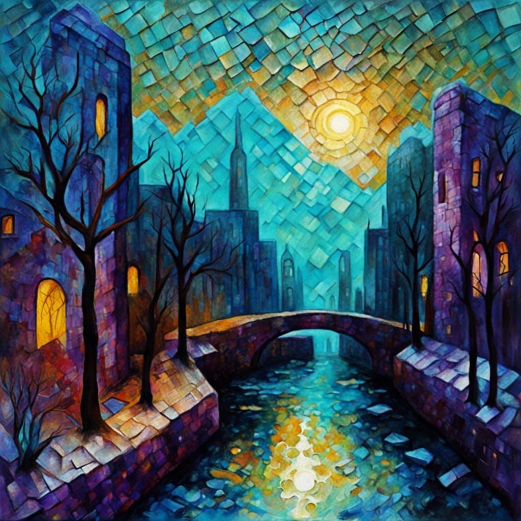 Dreamlike Cityscape at Night in Kintsugi Mosaic Style