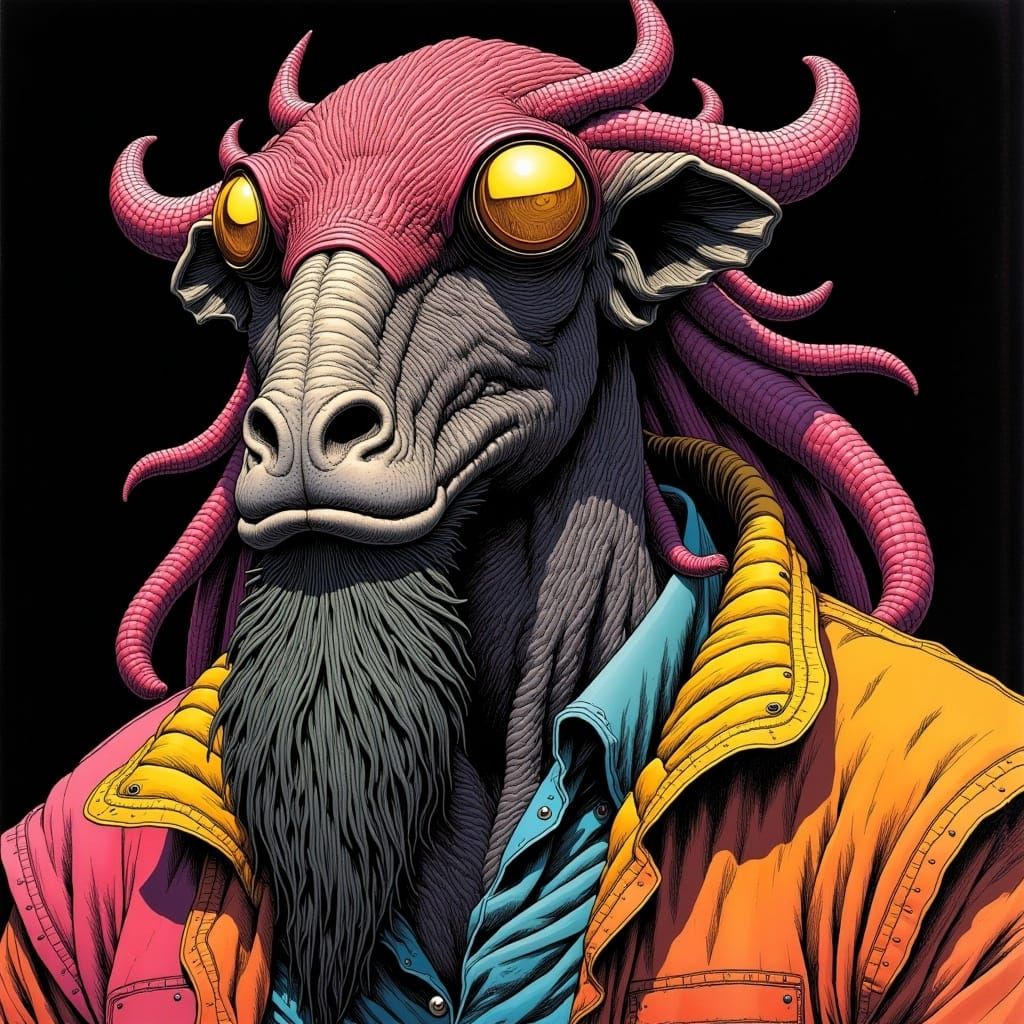 Exoplanetary Herder Portrait in Ink Wash Style