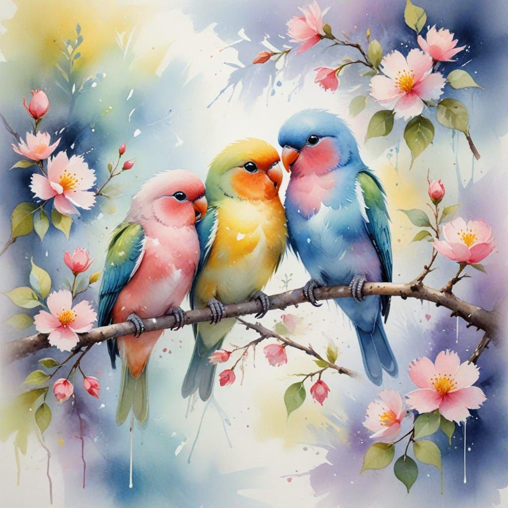 Pastel Lovebirds in Impressionistic Watercolour Painting